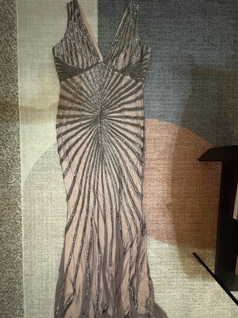 Rachel Gilbert Beaded V-Neck Evening Gown in Taupe and Gunmetal
